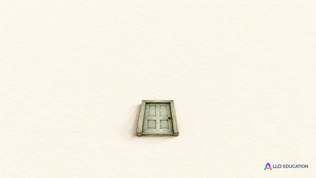 Une petite porte sage avec son cadre entier, sur fond ivoire, évoque le mot du corpus.