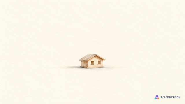 Un minuscule modèle réduit de maison en bois clair entier évoque le corpus sur fond ivoire.