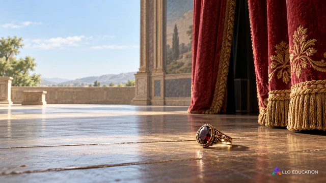 Bague près d’une tapisserie entrouverte sur une scène de théâtre.