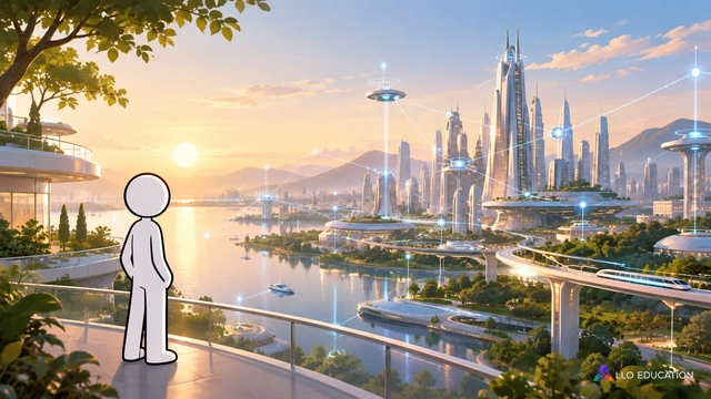 Une silhouette devant une ville futuriste reliée par un réseau lumineux.