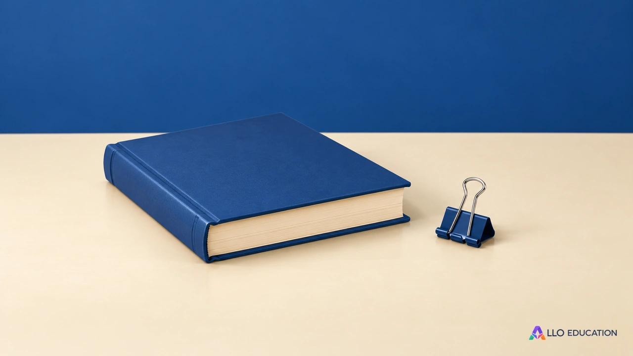 Un livre fermé uni et une petite pince de bureau.