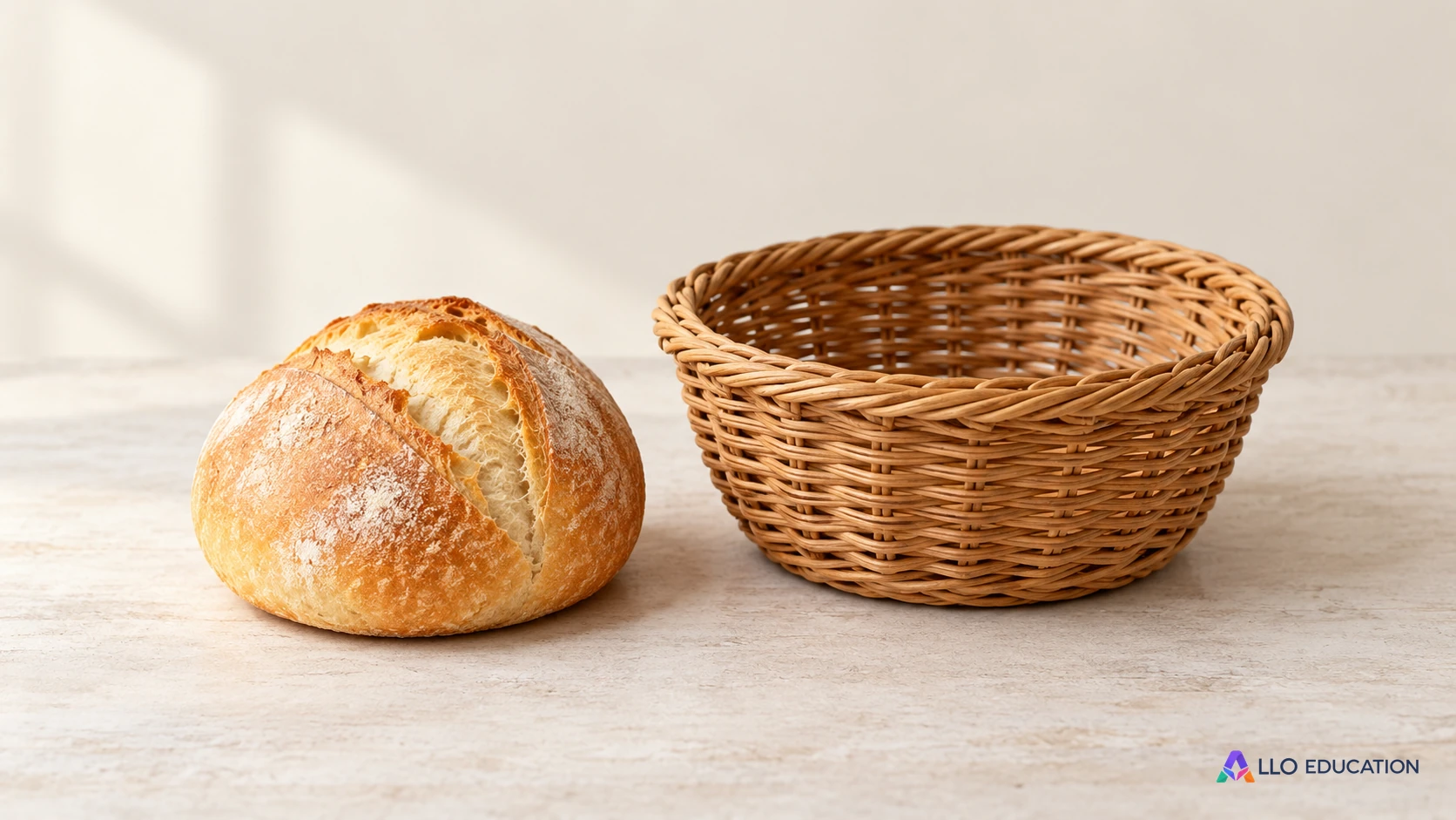 Un petit pain rond et un panier tressé vide sont posés près l’un de l’autre sur une table claire.