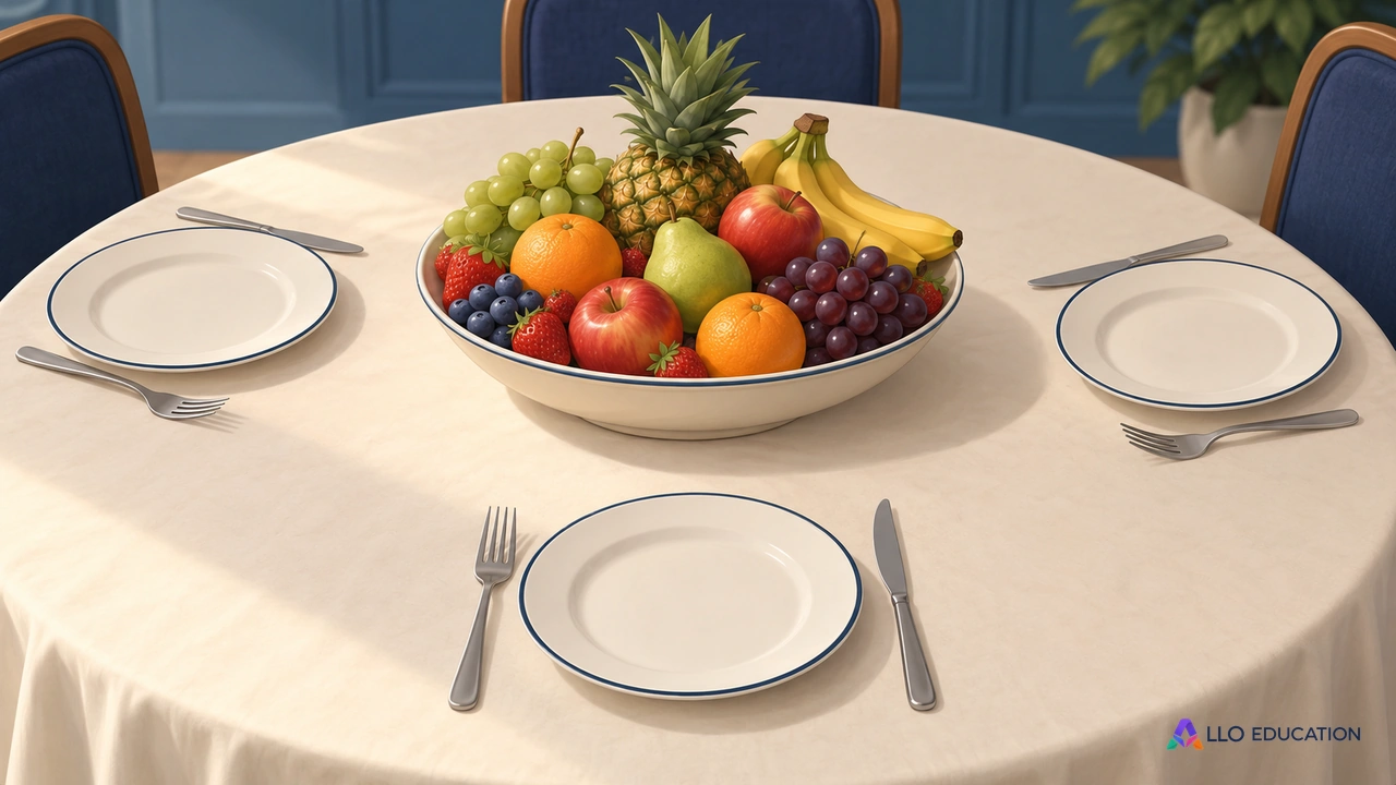 Un plat de fruits et trois assiettes sur une table commune.
