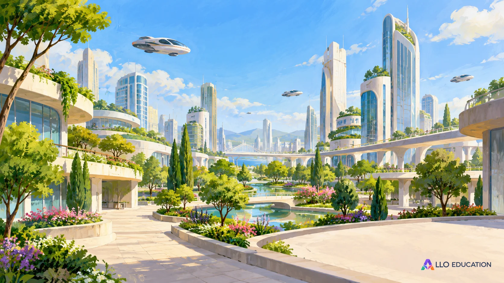 Une cité future dessinée associe bâtiments, jardins et quelques véhicules aériens, sans mesures ni inscriptions.
