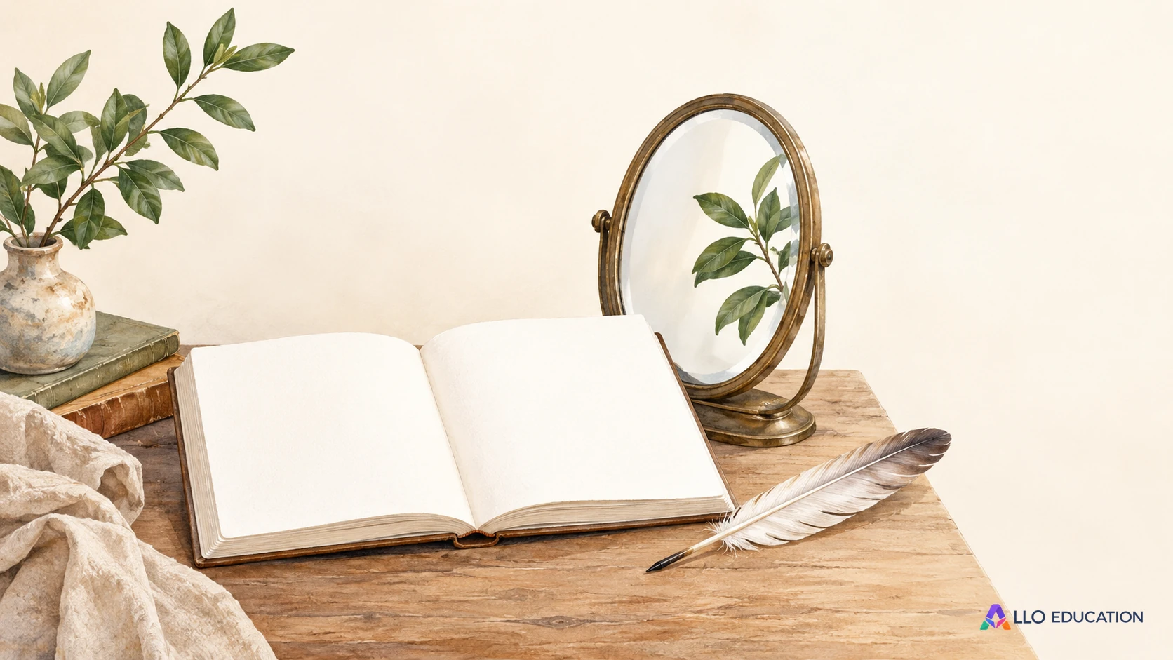 Carnet vierge, miroir et plume évoquent l’écriture et la représentation de soi.