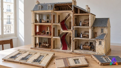 Une maison en coupe présente un escalier prestigieux et des cuisines sur cour ; des pans retirés annoncent le dévoilement.
