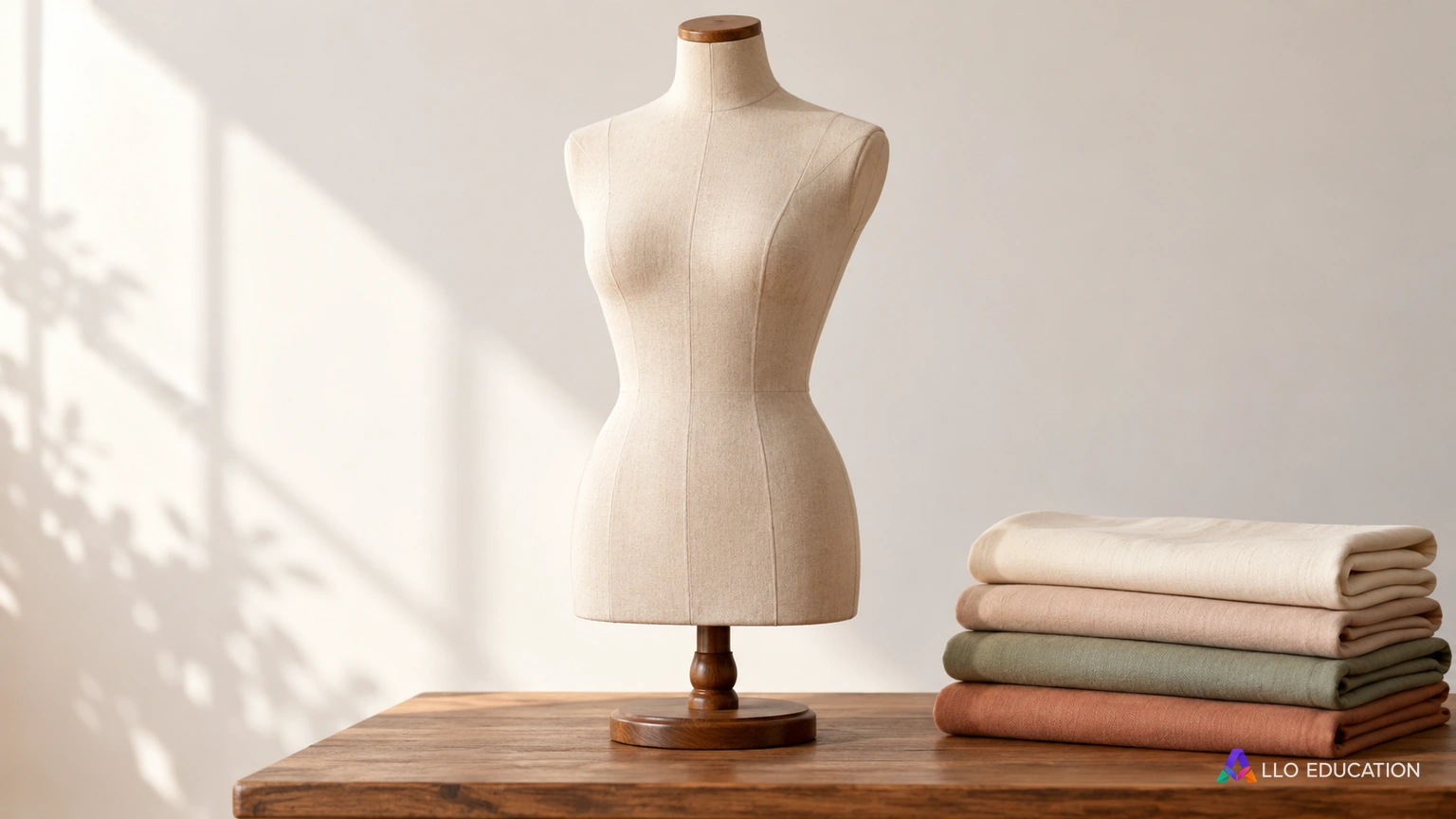 Des tissus rangés et un mannequin de couture dans un atelier.
